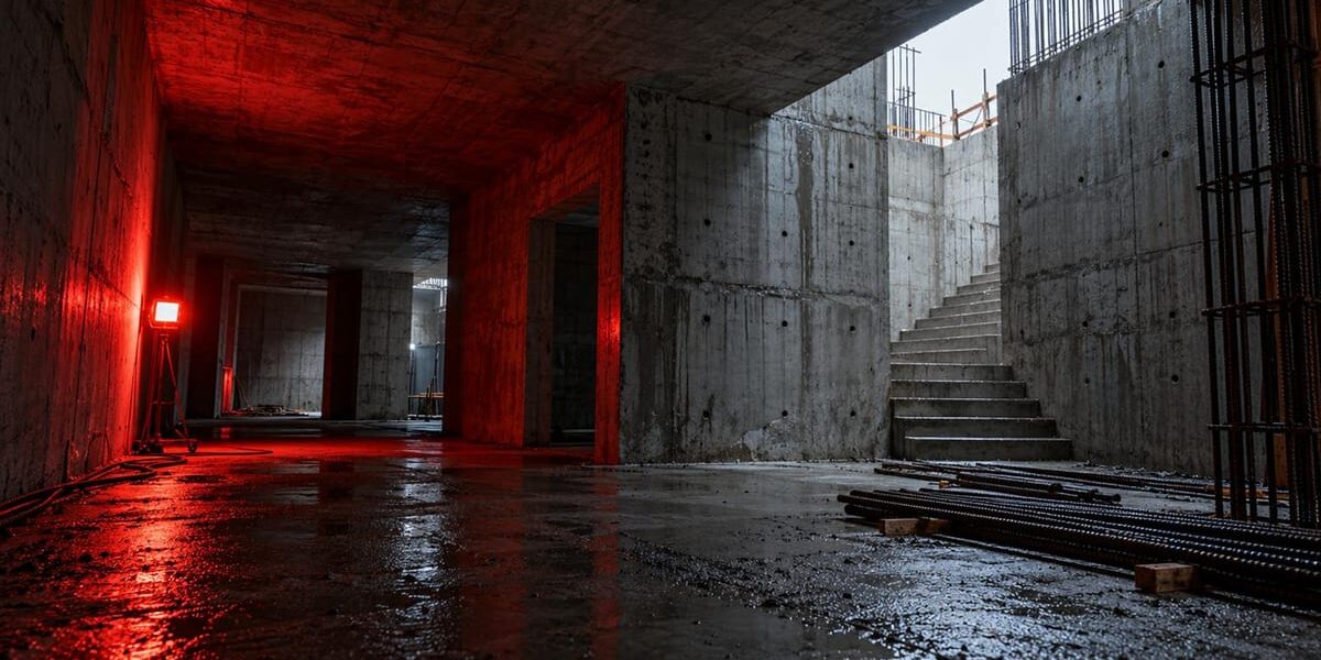 Pracownicy na budowie schrony w Polsce podczas betonowania, ilustrujący znaczenie pracy zespołowej cieśli, zbrojarza i