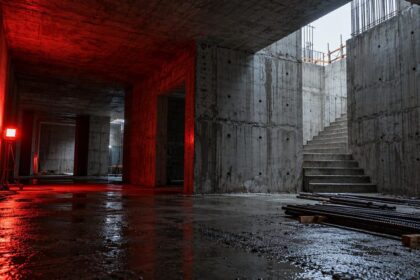 Pracownicy na budowie schrony w Polsce podczas betonowania, ilustrujący znaczenie pracy zespołowej cieśli, zbrojarza i